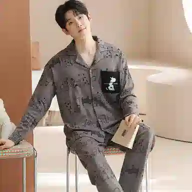 兰缪 翻领开衫可外穿男春夏秋款纯棉长袖男生薄款家居服睡衣套装 男款