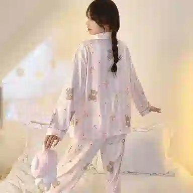 兰缪 简约亲肤舒适带胸垫一体防凸点长袖可外穿休闲长裤睡衣套装 女款 杏色