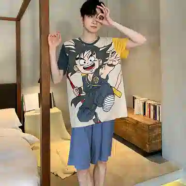 兰缪 卡通印花圆领套头短袖松紧短裤睡衣套装 男款 杏色