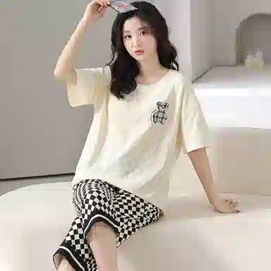 兰缪 亲肤卡通简约短袖七分裤可外穿家居服睡衣套装 女款 图片色