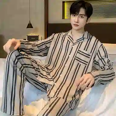 兰缪 纯棉长袖青少年学生开衫大码家居服春秋季睡衣套装 男 图片色