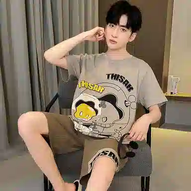 兰缪 莫代尔薄款休闲凉感短袖舒适透气亲肤短裤家居服睡衣套装 男款 图色