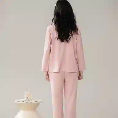 兰缪 带胸垫长袖长裤纯棉简约休闲可外穿睡衣套装 女款 粉色