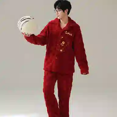 兰缪 新婚喜庆珊瑚绒加绒加厚本命年保暖长袖长裤睡衣套装 男款 红色