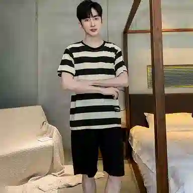 兰缪 简约亲肤舒适条纹圆领短袖凉感休闲家居可外穿纯色短裤睡衣套装 男款 黑色