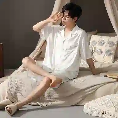 兰缪 凉感舒适透气短袖上衣可外穿家居服五分裤睡衣套装 男款 图片色