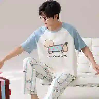 兰缪 短袖长裤小狗字母舒适家居服睡衣套装 男款 图片色