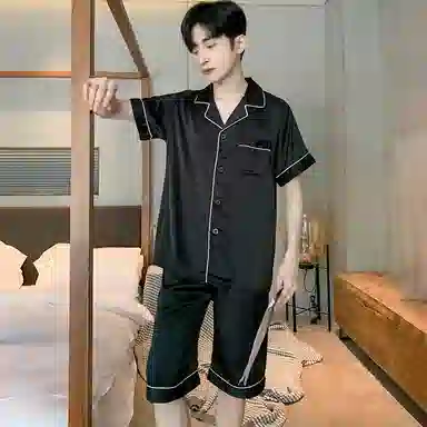兰缪 夏季冰丝短袖时尚休闲短裤睡衣套装 男款 黑色