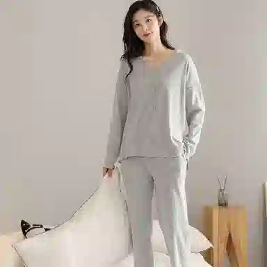 兰缪 简约亲肤舒适带胸垫一体防凸点长袖可外穿休闲长裤睡衣套装 女款 杏色