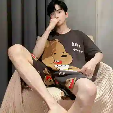 兰缪 纯棉卡通小熊印花舒适圆领套头短袖松紧短裤睡衣套装 男款 图片色