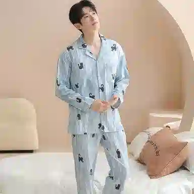 兰缪 纯棉男士春夏秋季宽松长袖长裤青少年可外穿大码家居服睡衣套装 男款