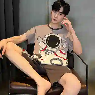 兰缪 卡通印花圆领套头短袖睡衣套装 男款