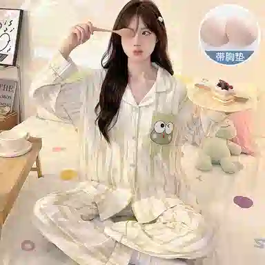兰缪 简约亲肤舒适带胸垫一体防凸点长袖可外穿休闲长裤睡衣套装 女款 杏色