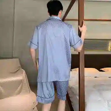 兰缪 简约休闲凉感可外穿翻领短袖上衣松紧腰亲肤舒适家居短裤睡衣套装 男款 蓝色