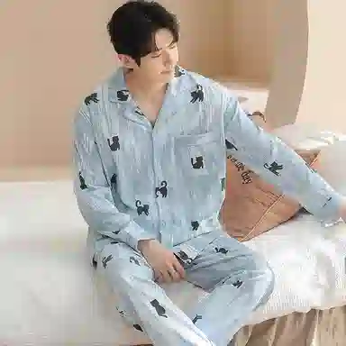 兰缪 纯棉男士春夏秋季宽松长袖长裤青少年可外穿大码家居服睡衣套装 男款