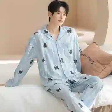 兰缪 纯棉男士春夏秋季宽松长袖长裤青少年可外穿大码家居服睡衣套装 男款