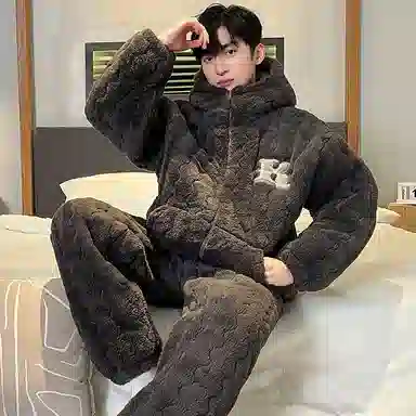 兰缪 连帽三层夹棉袄保暖家居服长袖长裤睡衣套装 男款 图片色