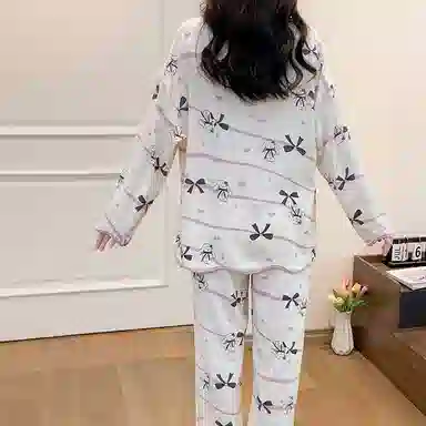 兰缪 翻领长袖长裤薄款带胸垫一体防凸点睡衣套装 女款 杏色