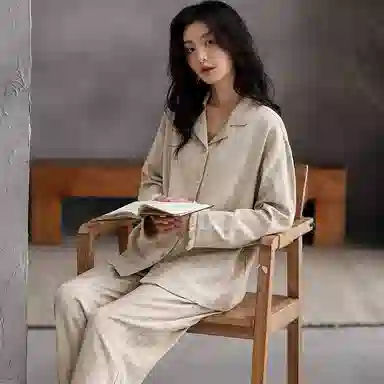 兰缪 舒适透气带胸垫长袖长裤可外穿家居服睡衣套装 女款 图色