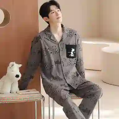 兰缪 翻领开衫可外穿男春夏秋款纯棉长袖男生薄款家居服睡衣套装 男款