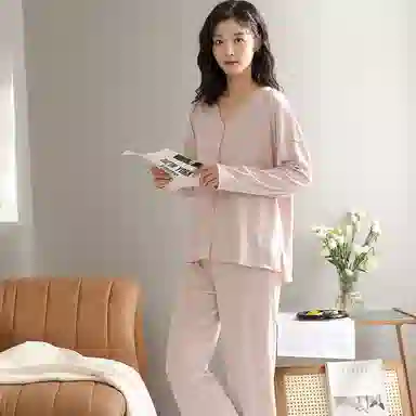 兰缪 简约亲肤舒适带胸垫一体防凸点长袖可外穿休闲长裤睡衣套装 女款 杏色