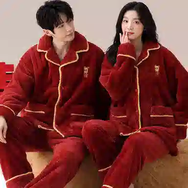 兰缪 舒适亲肤休闲睡衣套装 男女同款 红色