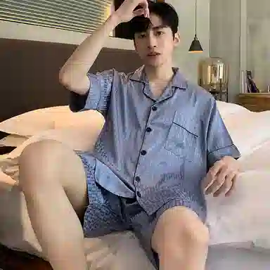 兰缪 简约休闲凉感可外穿翻领短袖上衣松紧腰亲肤舒适家居短裤睡衣套装 男款 蓝色