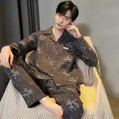 兰缪 简约休闲舒适亲肤透气可外穿翻领开衫长袖长裤睡衣套装 男款 黑色