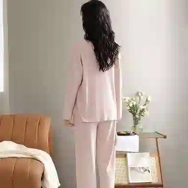 兰缪 简约亲肤舒适带胸垫一体防凸点长袖可外穿休闲长裤睡衣套装 女款 杏色