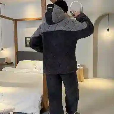 兰缪 保暖三层夹棉连帽家居服睡衣套装 男款 图片色