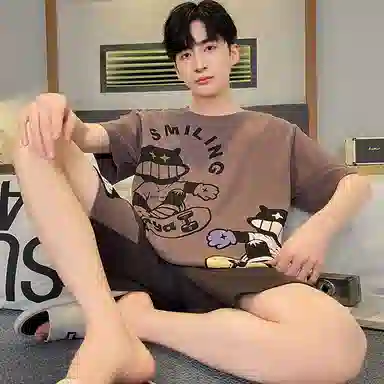 兰缪 薄款卡通印花圆领套头短袖松紧短裤睡衣套装 男款 深灰色