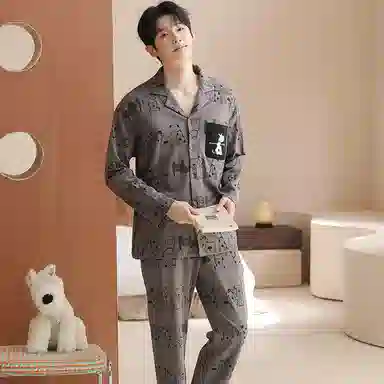 兰缪 翻领开衫可外穿男春夏秋款纯棉长袖男生薄款家居服睡衣套装 男款