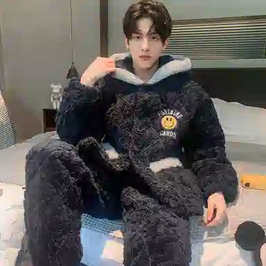 兰缪 男士秋冬季珊瑚绒加绒加厚三层夹棉冬天保暖可外穿家居服睡衣套装 男款