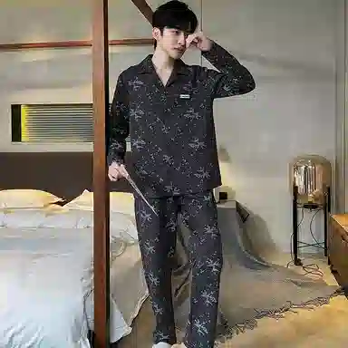 兰缪 简约休闲舒适亲肤透气可外穿翻领开衫长袖长裤睡衣套装 男款 黑色