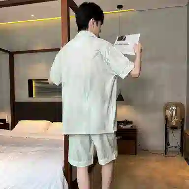 兰缪 简约凉感休闲可外穿短袖翻领上衣松紧腰短裤睡衣套装 男款 高级黑