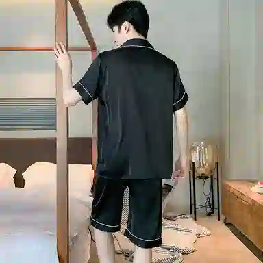 兰缪 夏季冰丝短袖时尚休闲短裤睡衣套装 男款 黑色