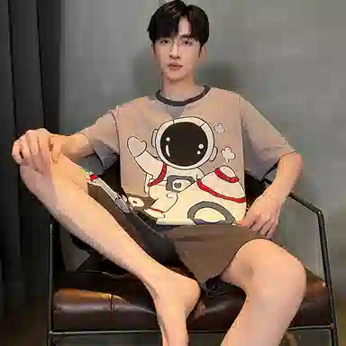 兰缪 卡通印花圆领套头短袖睡衣套装 男款
