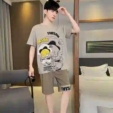 兰缪 莫代尔薄款休闲凉感短袖舒适透气亲肤短裤家居服睡衣套装 男款 图色