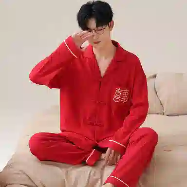 兰缪 休闲纯色喜庆长袖开衫长裤睡衣套装 男款 红色