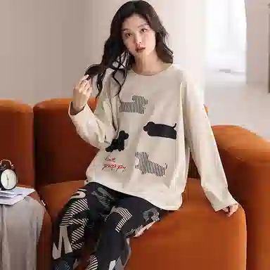 兰缪 圆领长袖长裤高级感休闲可外穿睡衣套装 男款 米色