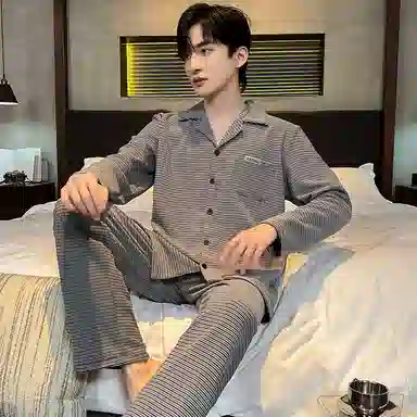 兰缪 加厚发热长袖舒适亲肤条纹睡衣套装 男款 图色