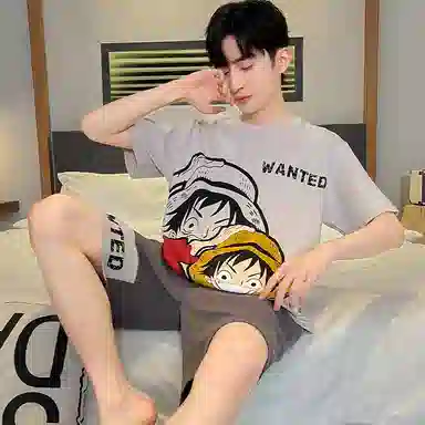 兰缪 卡通字母印花圆领套头短袖睡衣套装 男款 白色