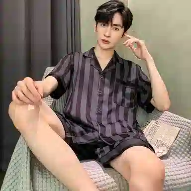 兰缪 休闲时尚条纹翻领短袖上衣松紧腰短裤睡衣套装 男款 黑色