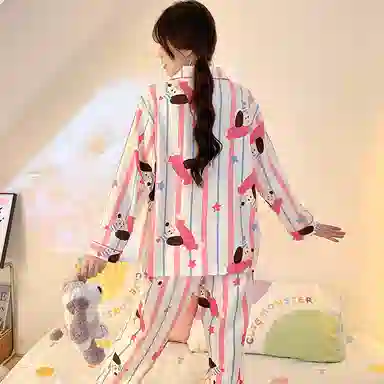 兰缪 简约亲肤舒适带胸垫一体防凸点长袖可外穿休闲长裤睡衣套装 女款 杏色