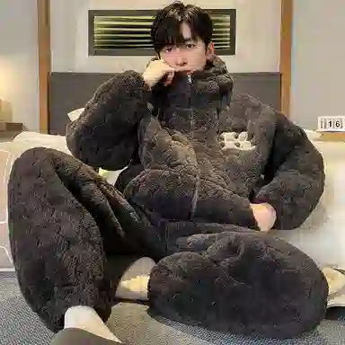 兰缪 连帽三层夹棉袄保暖家居服长袖长裤睡衣套装 男款 图片色