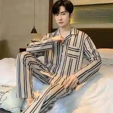 兰缪 纯棉长袖青少年学生开衫大码家居服春秋季睡衣套装 男 图片色