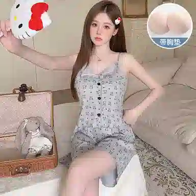 兰缪 带胸垫舒适甜美无袖吊带上衣家居服三分裤睡衣套装 女款 图片色