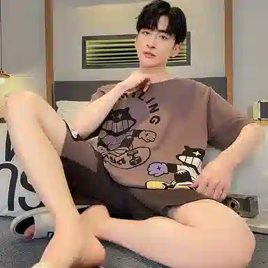 兰缪 薄款卡通印花圆领套头短袖松紧短裤睡衣套装 男款 深灰色