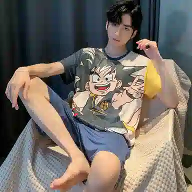 兰缪 卡通印花圆领套头短袖松紧短裤睡衣套装 男款 杏色