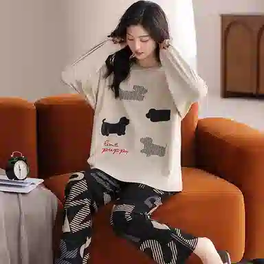 兰缪 圆领长袖长裤高级感休闲可外穿睡衣套装 男款 米色